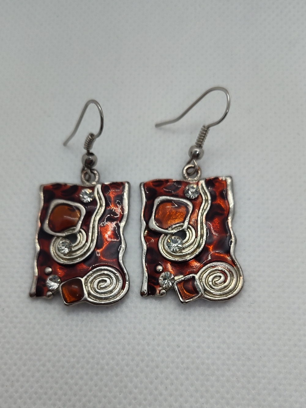 BCN Italian Designer Silver-Tone Burgundy Enamel Dangle Earrings